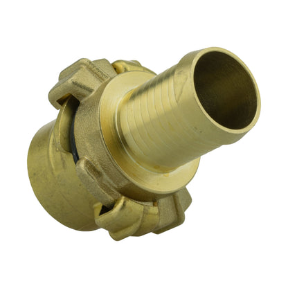 Brass claw hose fitting, barbed tail and 1" BSP female inlet, side view