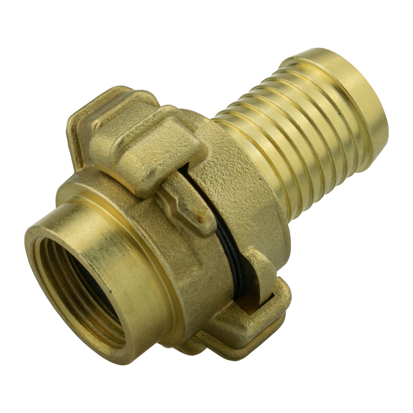 Brass claw connector with barbed end, black rubber seal ring, side view