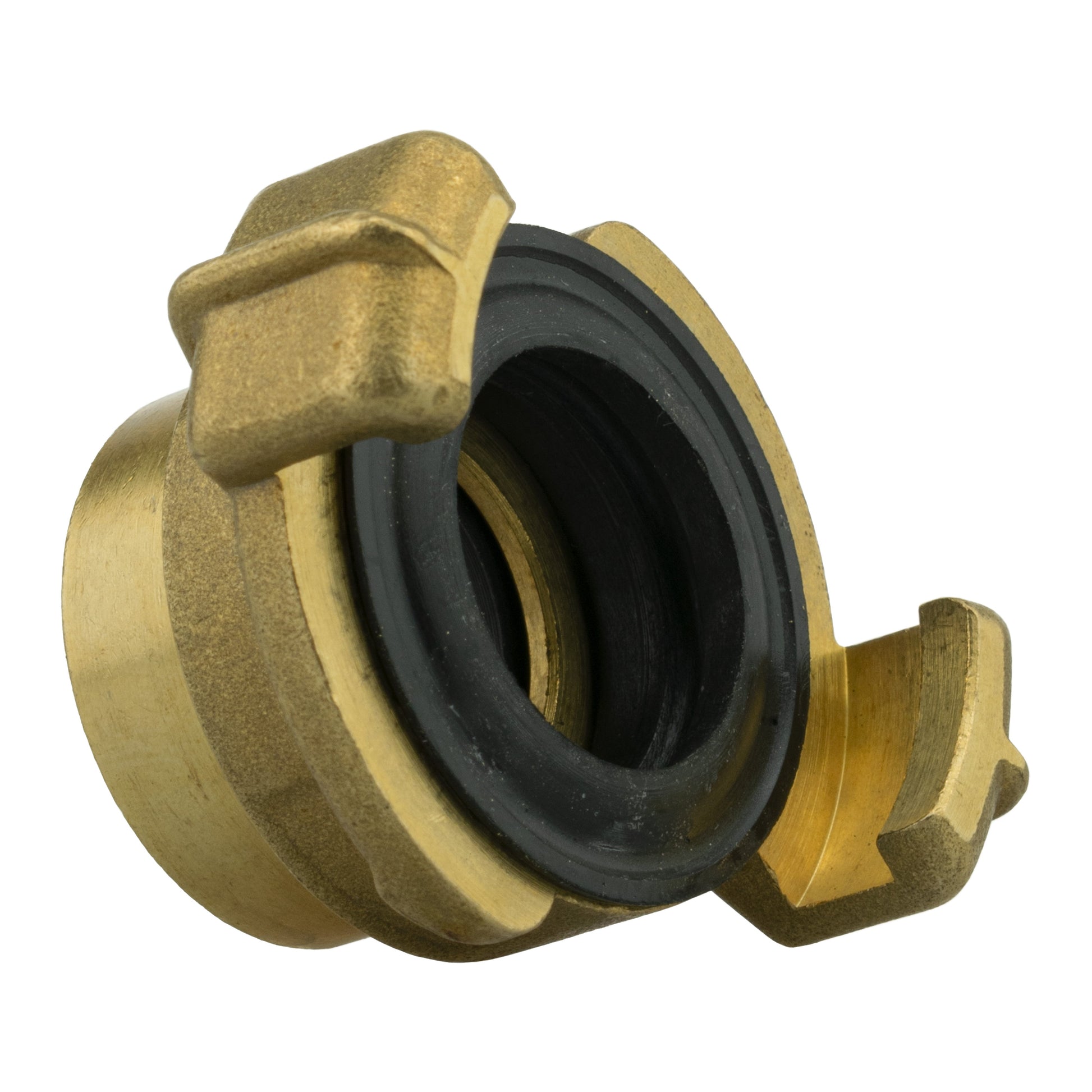 Brass barbed connector close-up with black rubber insert and taper profile