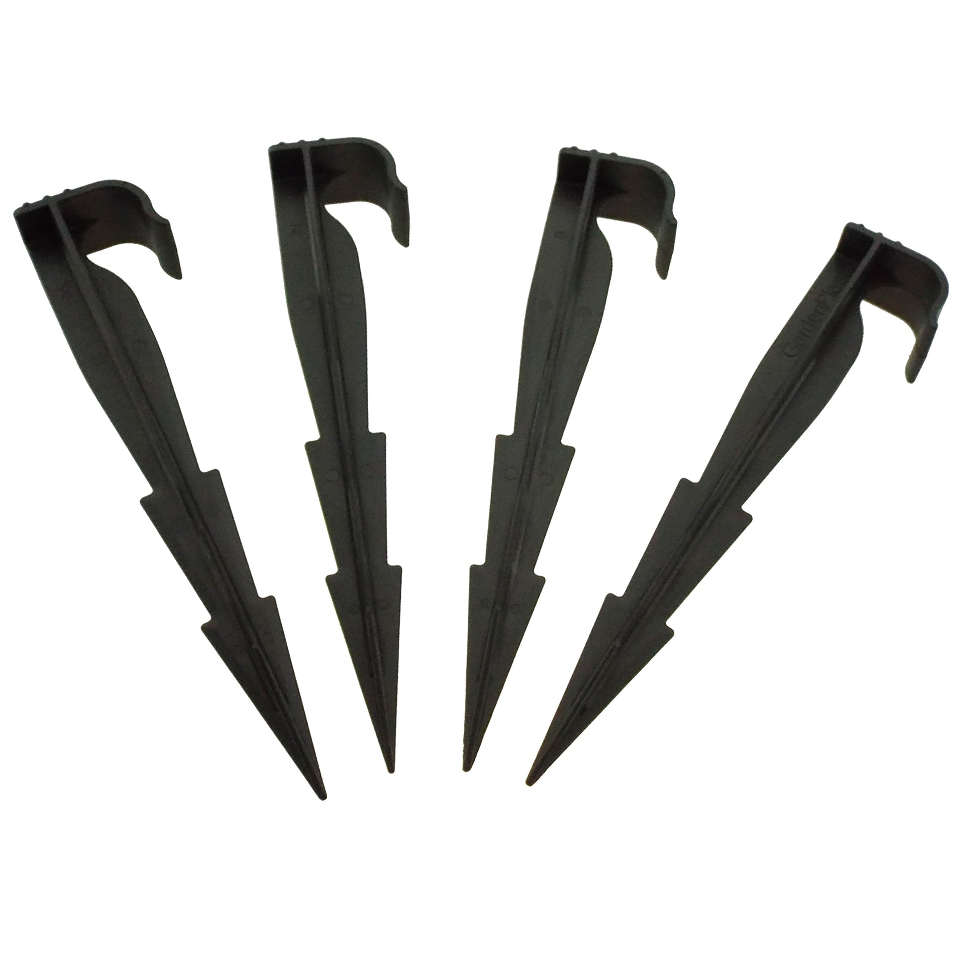 Four black ground stakes with curved U-shaped holders for 16mm irrigation pipe