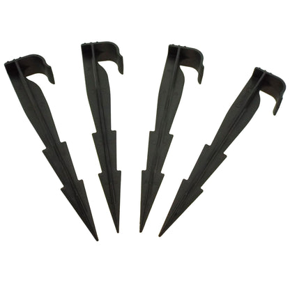 Four black ground stakes with curved U-shaped holders for 16mm irrigation pipe