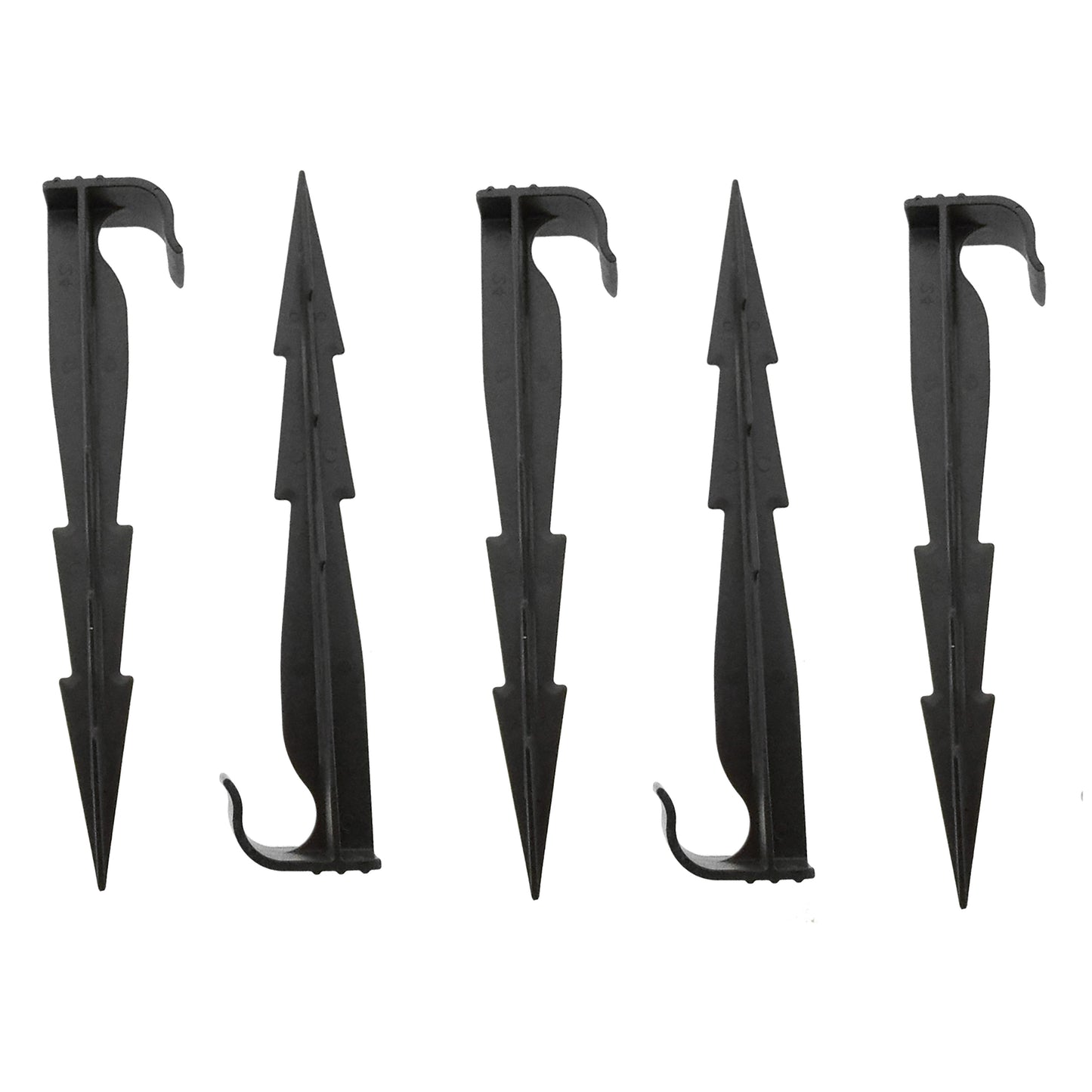 Set of black plastic stakes with curved hooks for holding tubing in place