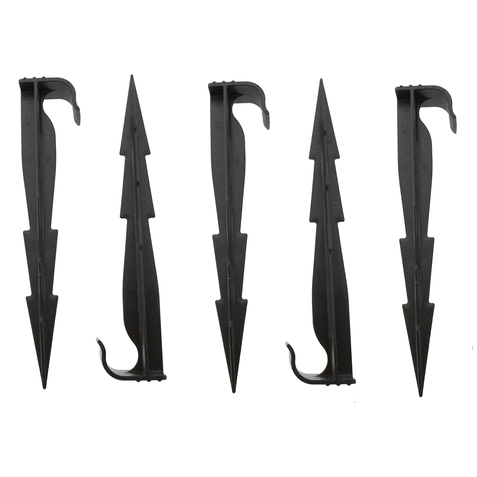 Set of black plastic stakes with curved hooks for holding tubing in place
