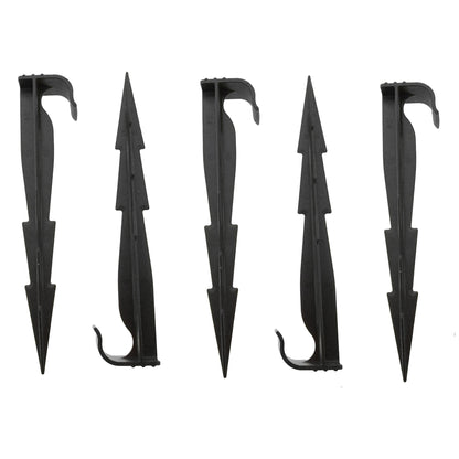 Set of black plastic stakes with curved hooks for holding tubing in place