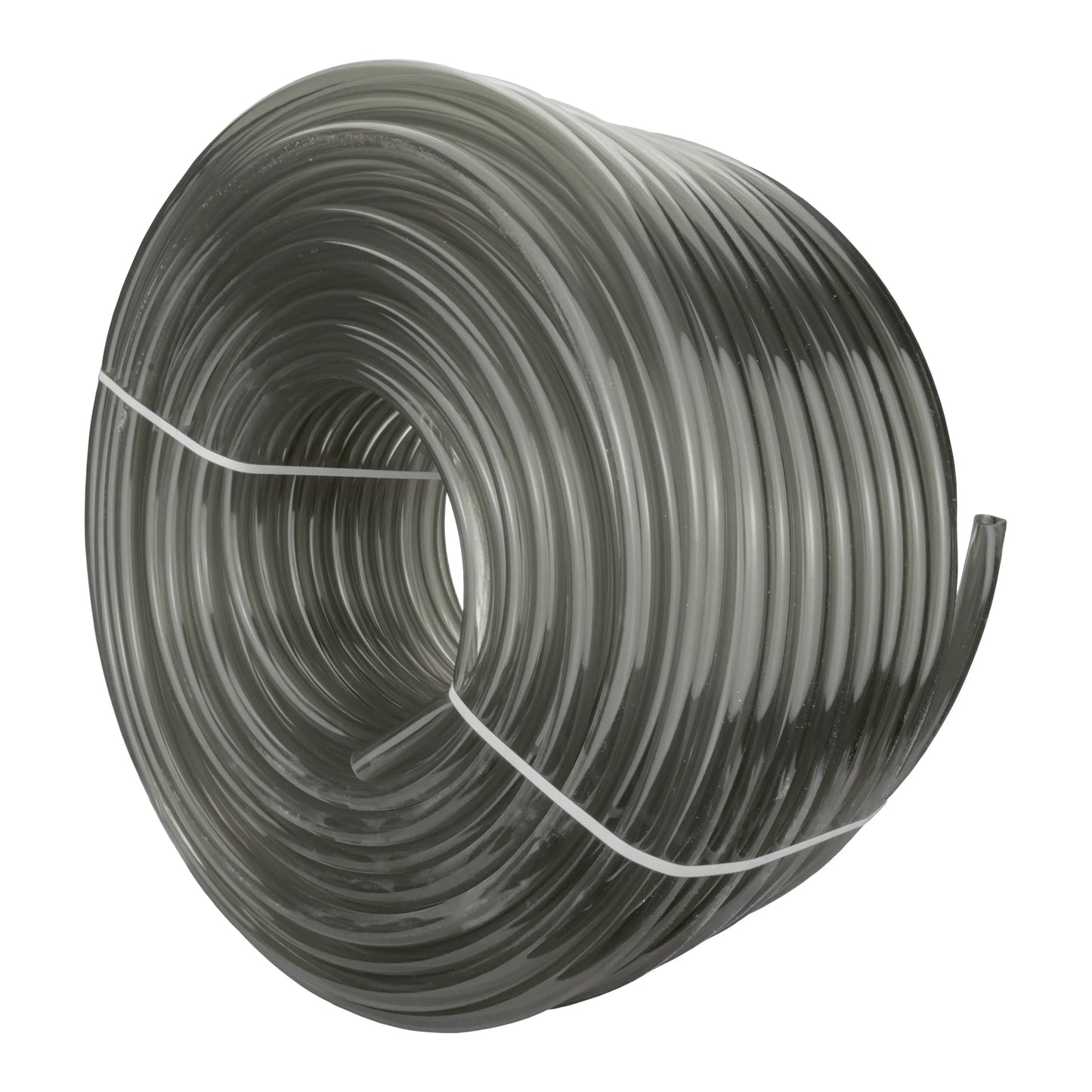 Grey semi-transparent PVC pipe coil, tightly wound