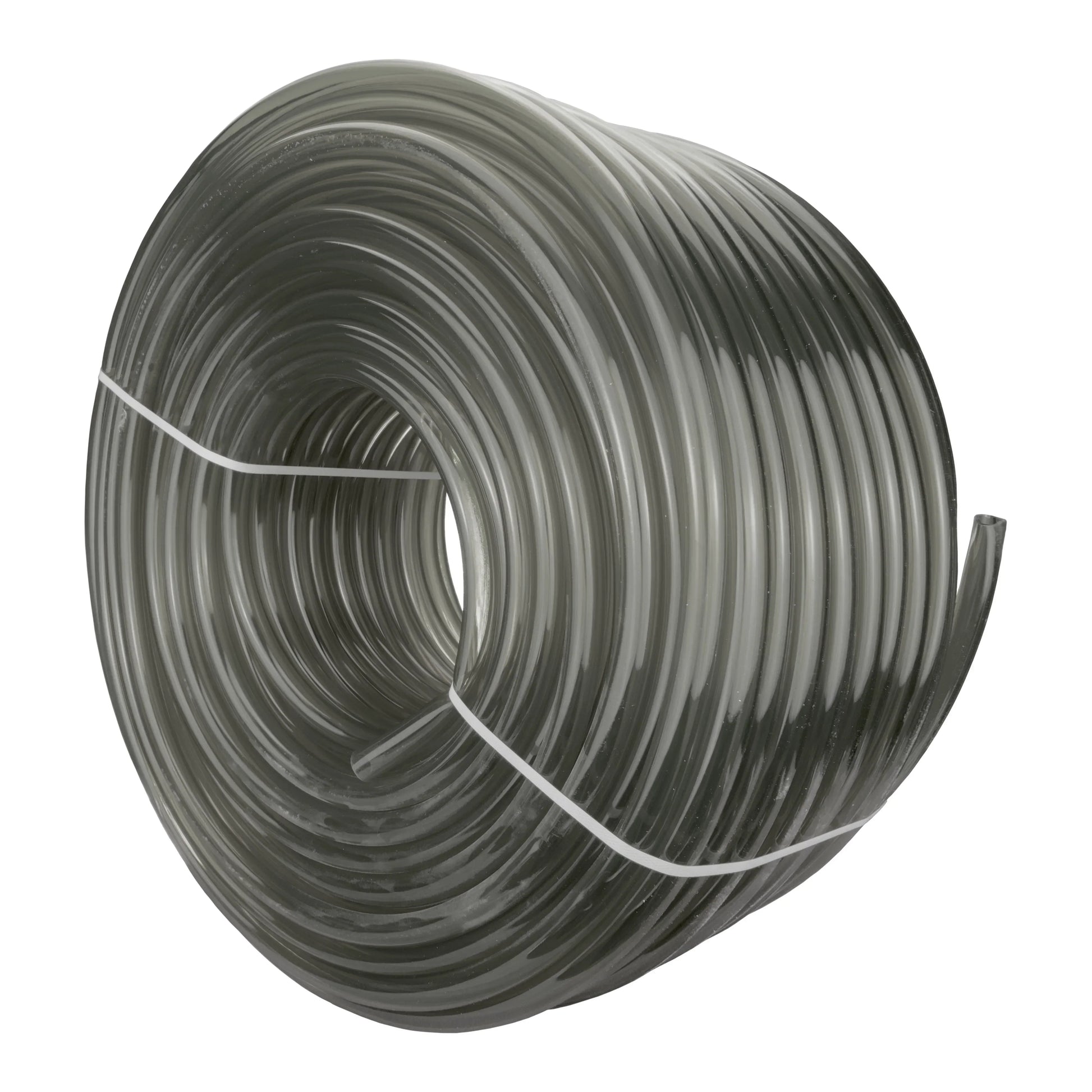 Grey semi-transparent PVC pipe coil, tightly wound