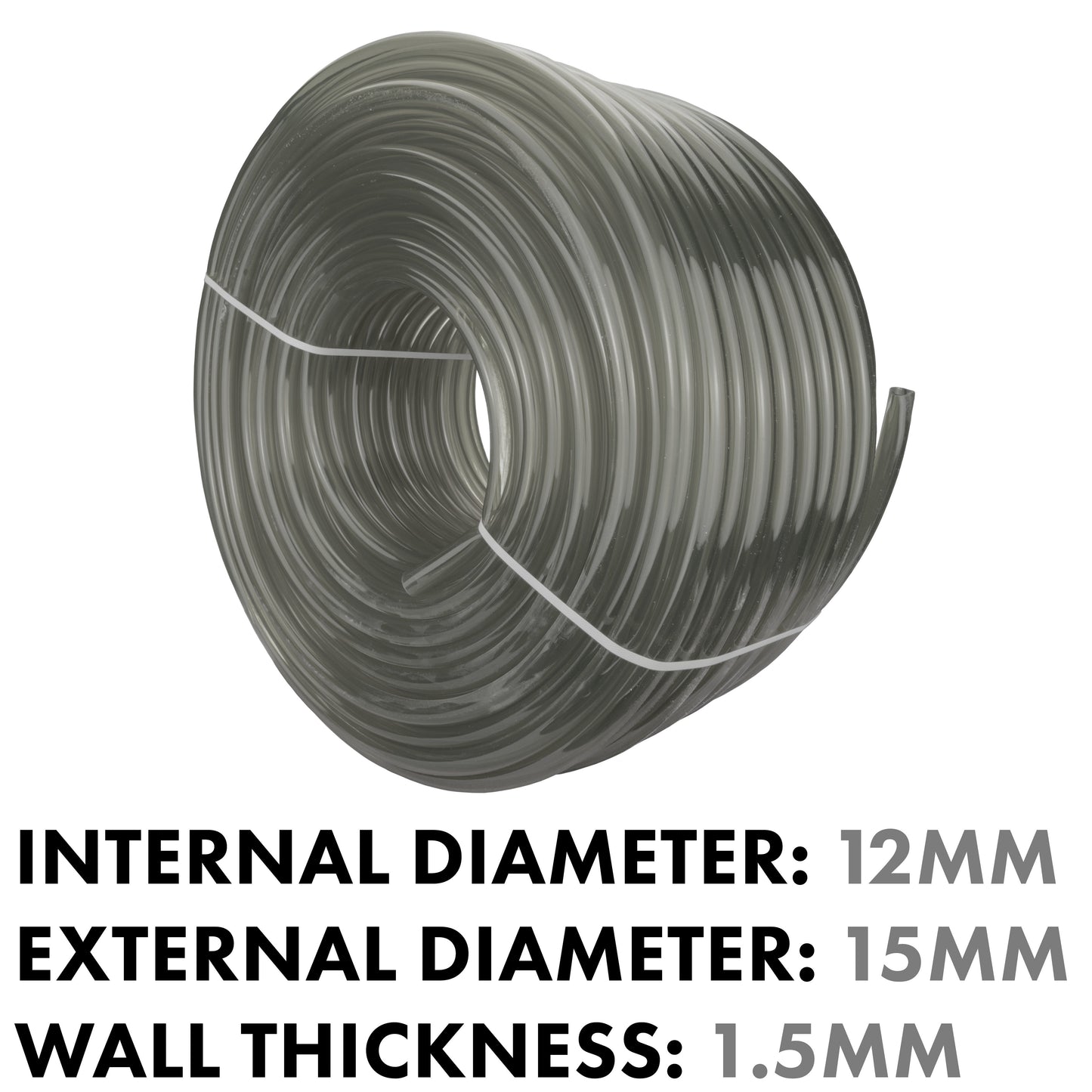 Grey semi-transparent PVC pipe coil with internal hole, 12mm x 15mm