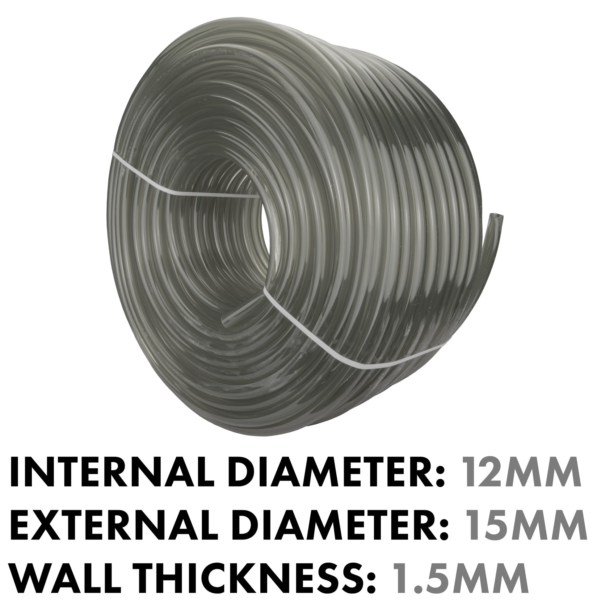 Grey semi-transparent PVC pipe coil with internal hole, 12mm x 15mm