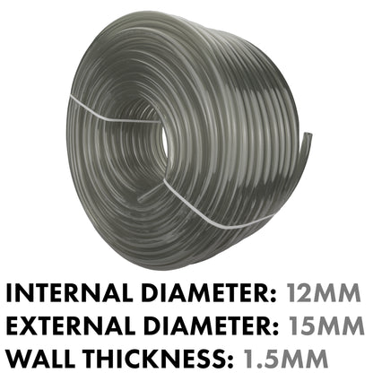 Grey semi-transparent PVC pipe coil with internal hole, 12mm x 15mm