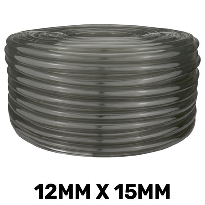Grey semi-transparent PVC pipe coil, 12mm internal x 15mm external diameter