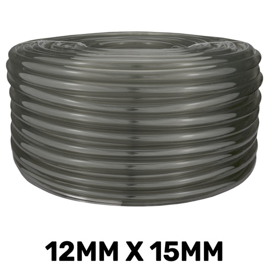 Grey semi-transparent PVC pipe coil, 12mm internal x 15mm external diameter
