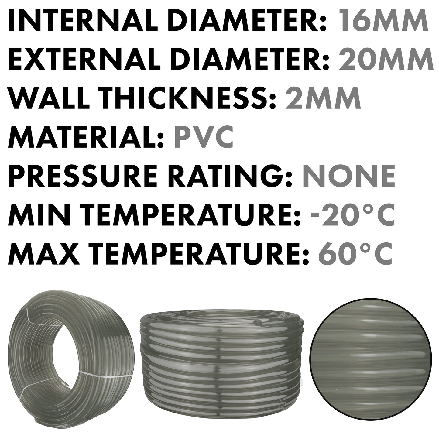 PVC pipe dimensions: internal 16mm, external 20mm, wall 2mm