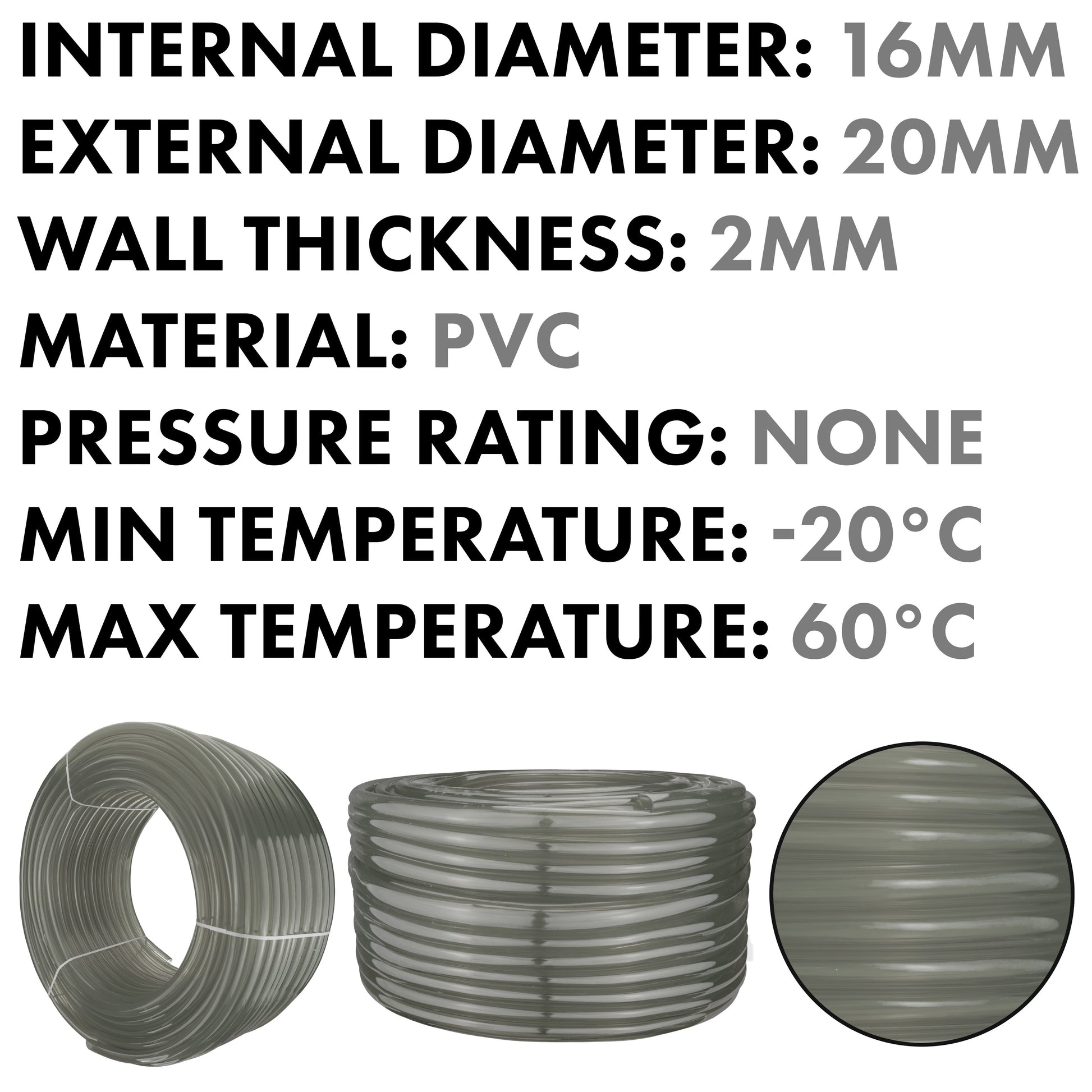 PVC pipe dimensions: internal 16mm, external 20mm, wall 2mm