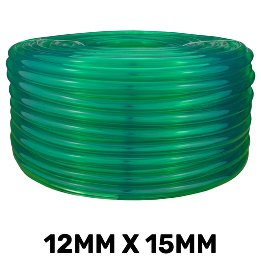 Green semi-transparent PVC pipe tubing, coiled roll, 12mm x 15mm