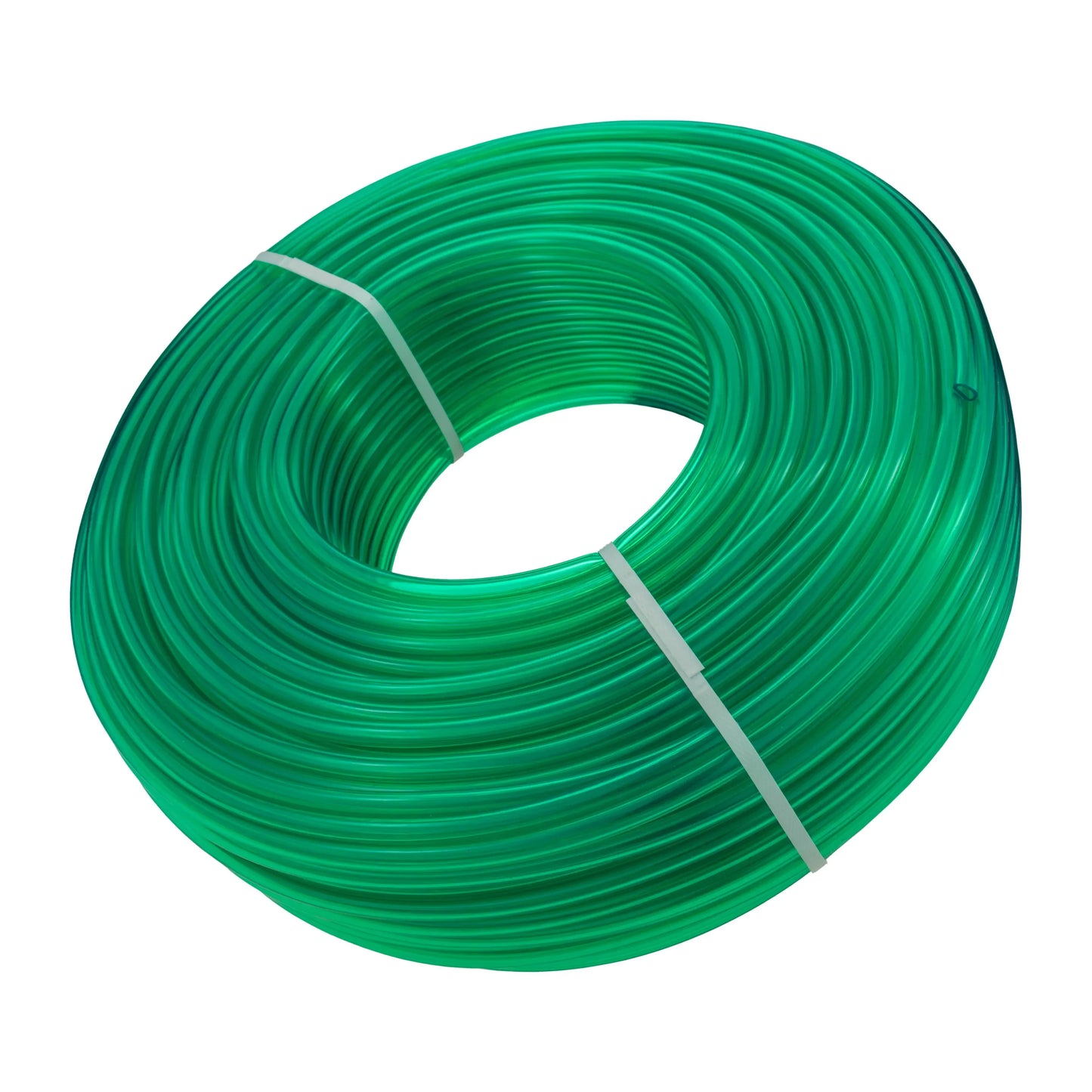 Grünes halbtransparentes PVC-Rohr, aufgewickelte Rolle mit weißem Spanngurt