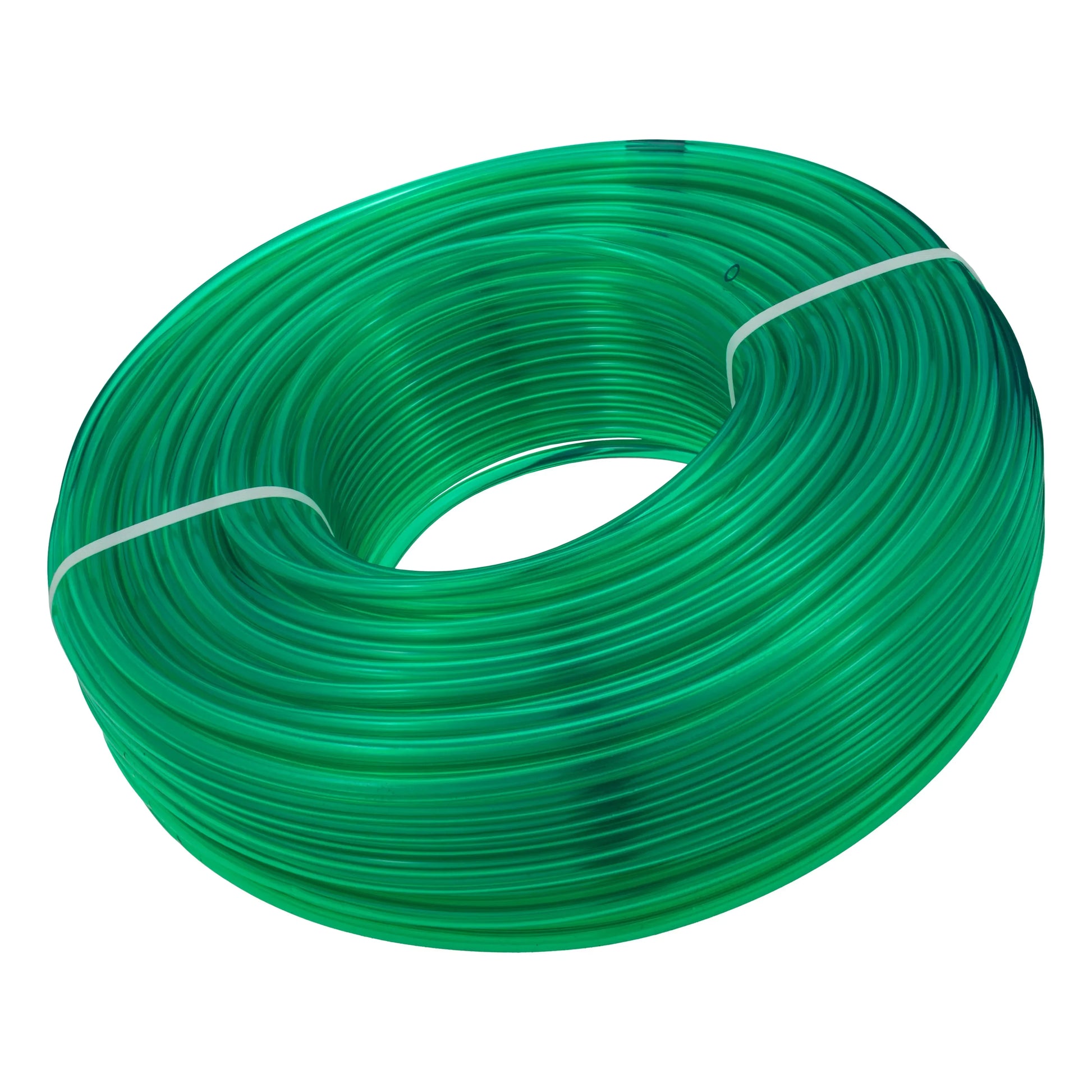 Grünes halbtransparentes PVC-Rohr auf Rolle, seitlicher Blick, gleichmäßige Rippen