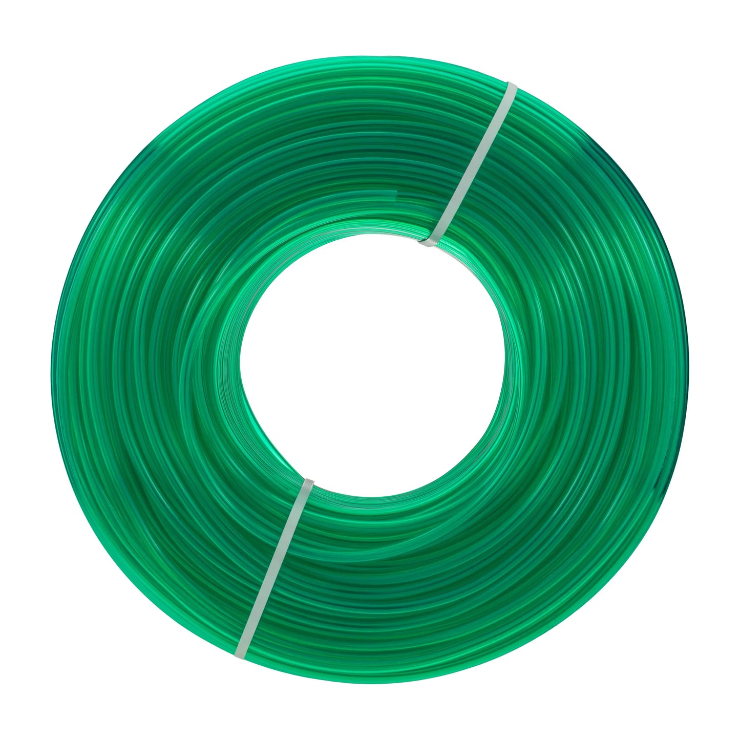 Grüne PVC-Rohrspule im Ring, Innenseite sichtbar, weißer Spanngurt