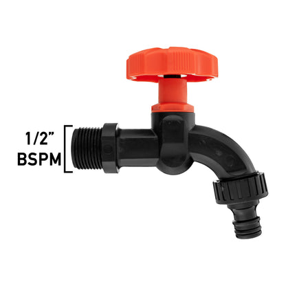 1/2" BSPM bib tap outlet on black tap adaptor with orange cap and lever