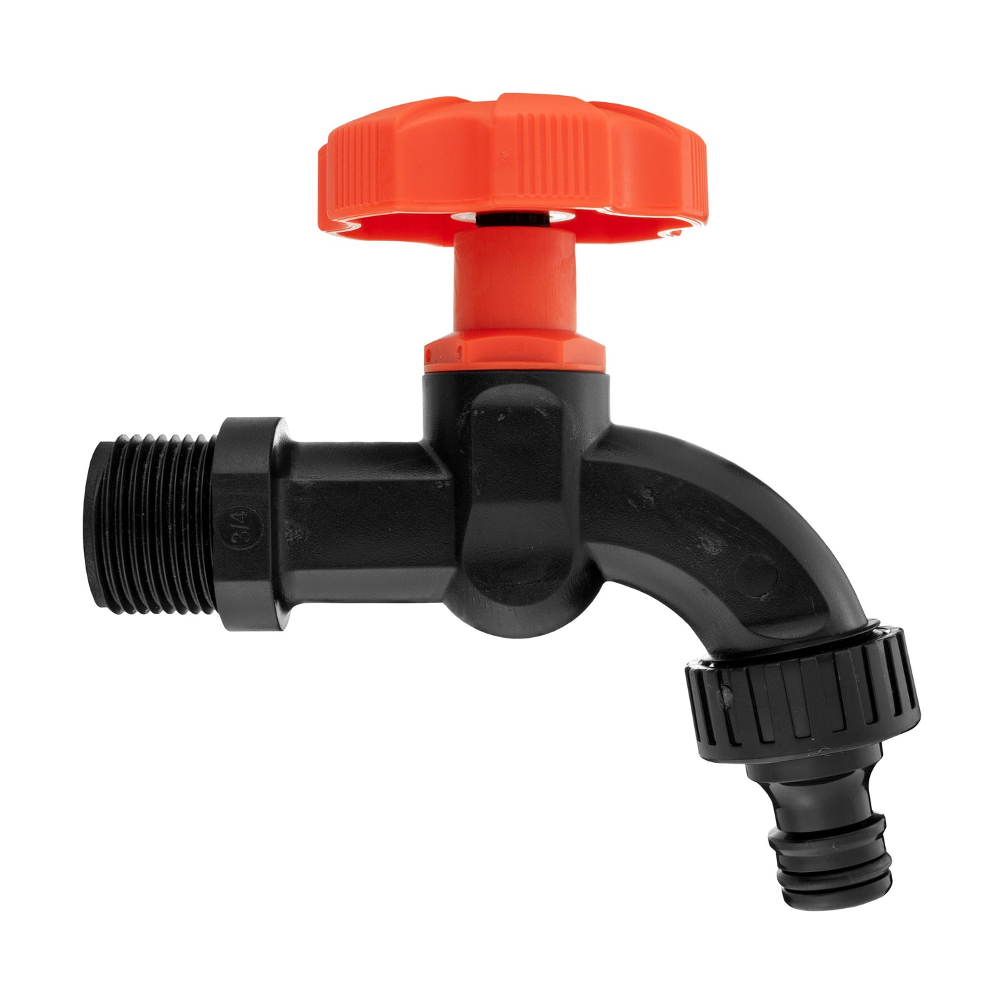 Black water butt tap with red top, threaded inlet and hose outlet