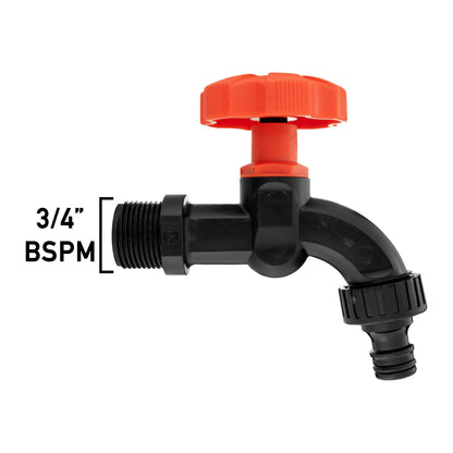3/4" BSPM Kunststoff-Wasserhahn, schwarz, orange Drehknopf, seitlicher Auslass