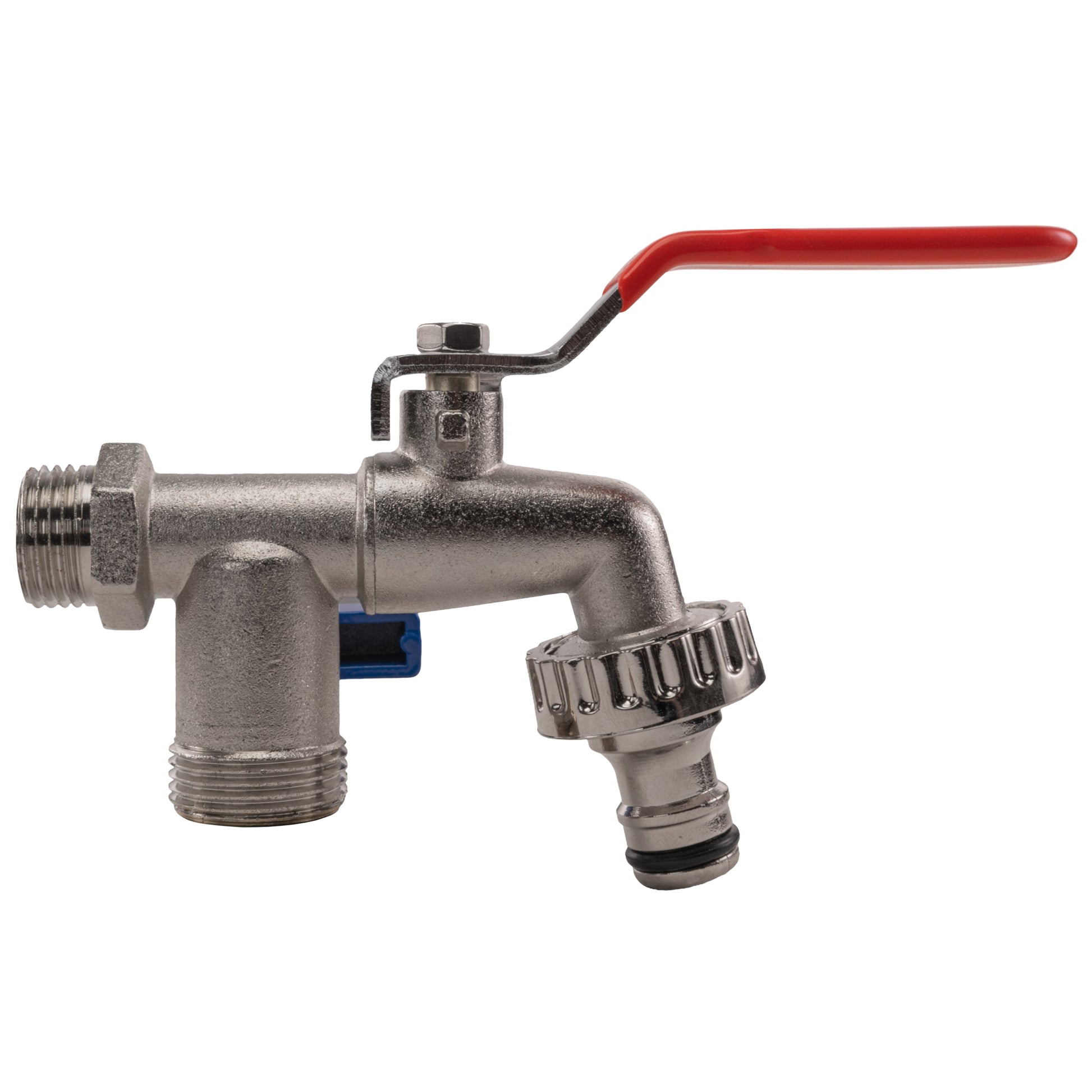 Double garden tap, red lever, chrome body, two threaded connections and blue shut-off