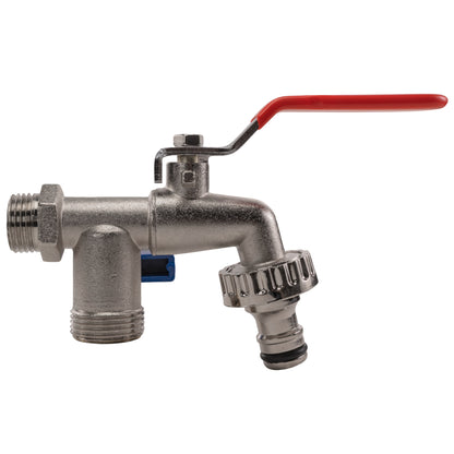 Double garden tap, red lever, chrome body, two threaded connections and blue shut-off