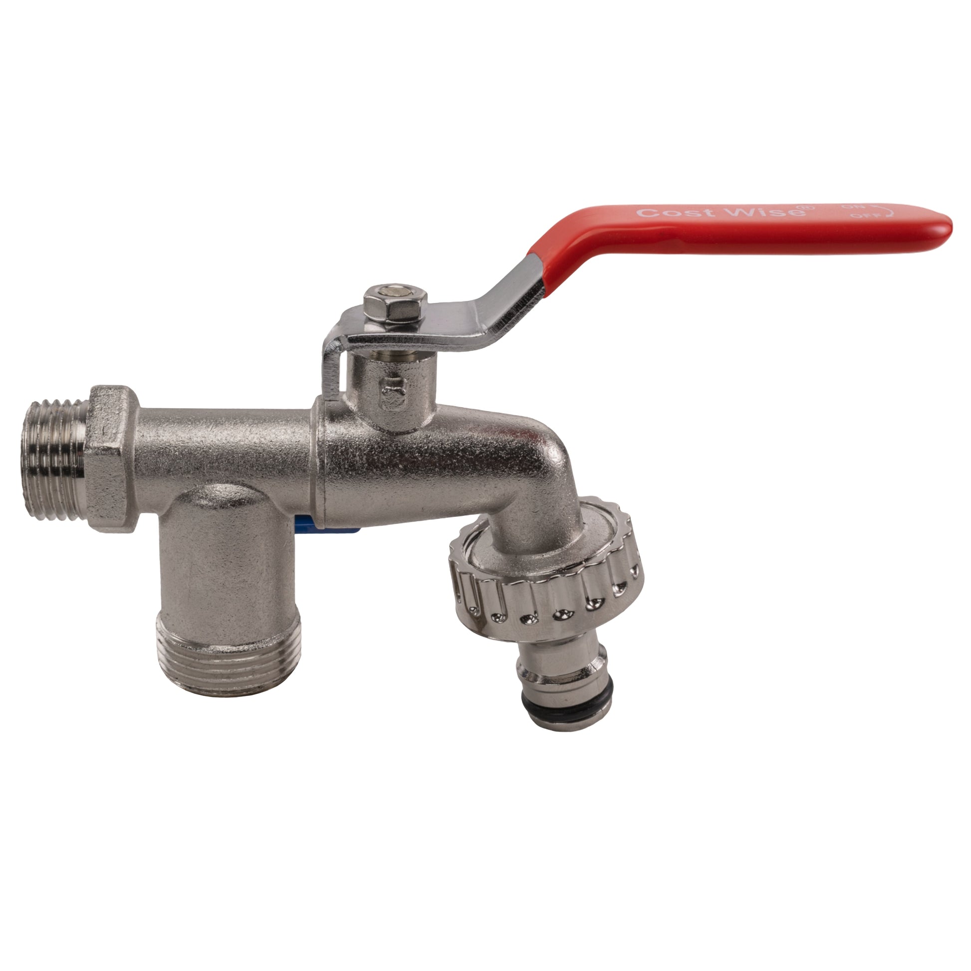 Double garden tap with 1/2" BSPM inlet, metal body and red lever handle