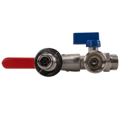Double garden tap valve with red handle, blue shutoff, chrome metal fittings