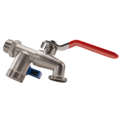 Double garden tap with red handle and side ports, metal fittings with 1/2" BSPM