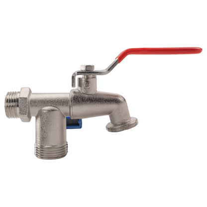 Double garden tap with 1/2" BSPM inlet, red lever handle and blue clip
