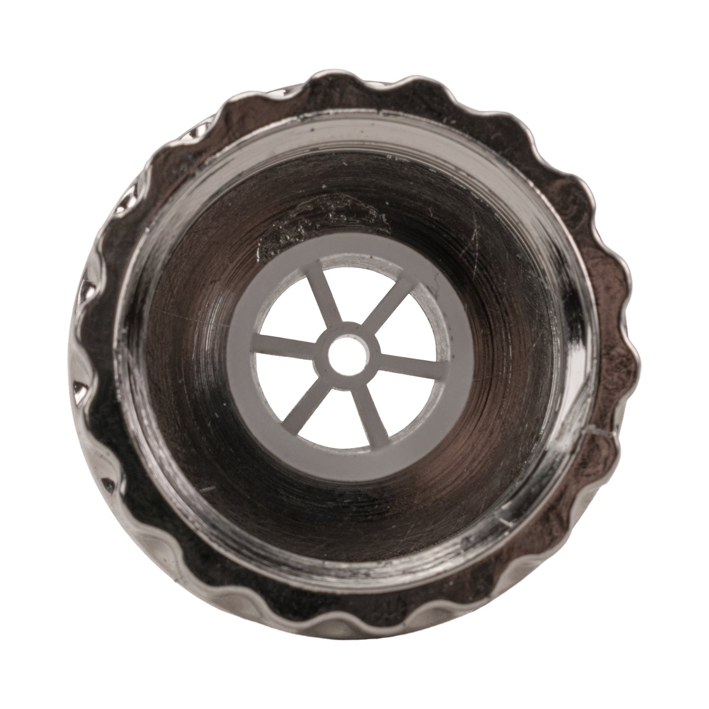 Garden tap inlet connection cap, silver metal knurled rim with threaded opening