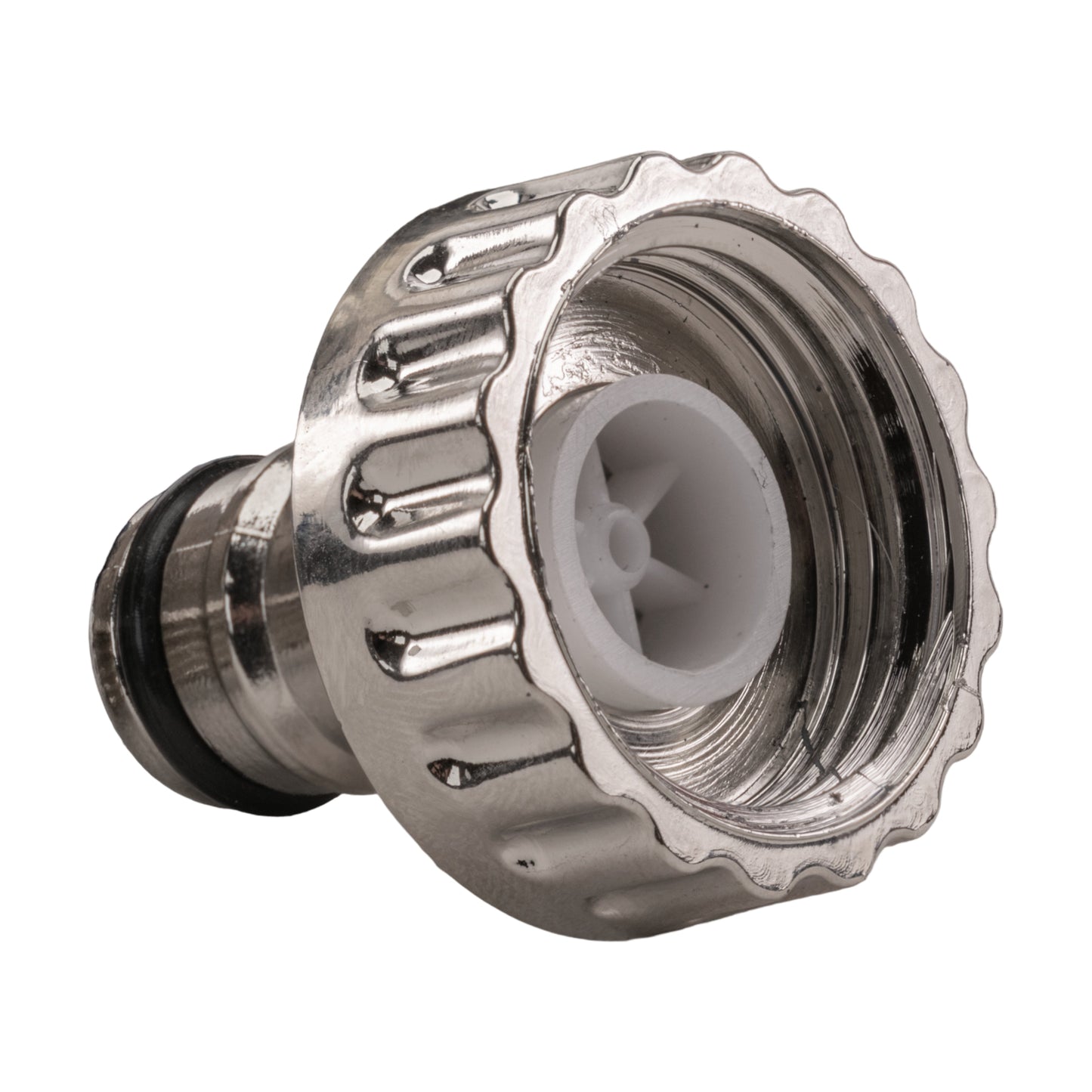 Garden tap outlet cap detail, shiny metal housing with internal plastic insert