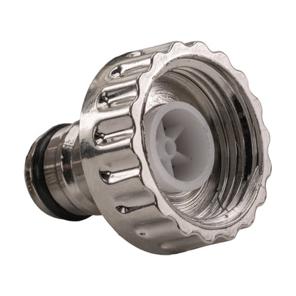 Garden tap outlet cap detail, shiny metal housing with internal plastic insert