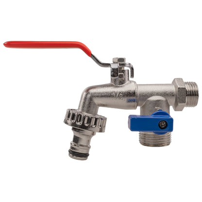 Chrome tap connector with red handle and blue valve lever, threaded outlets