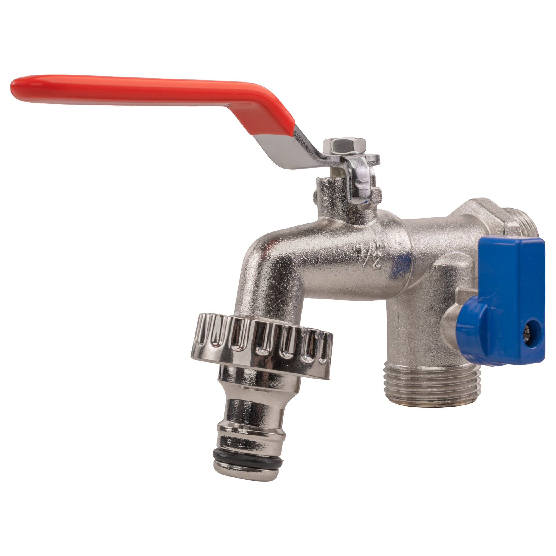 Double garden tap with chrome body, red handle, blue shut-off, 1/2" BSPM inlet