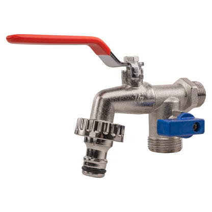Double garden tap, red handle and blue shut-off, 1/2" BSPM inlet connections
