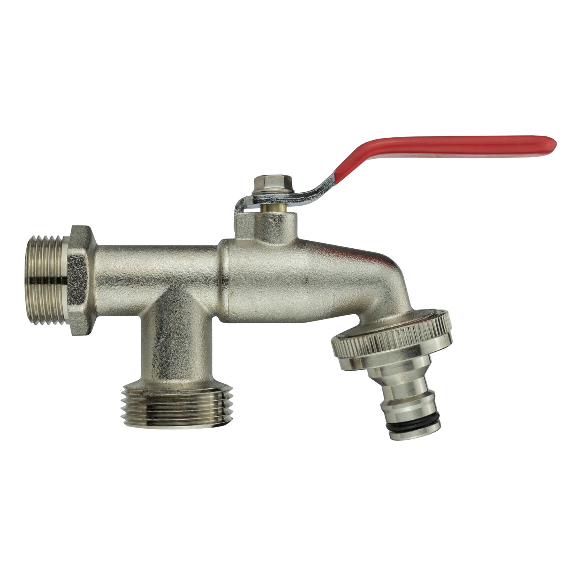 Garden tap valve with red handle, 1/2" BSPM inlet and dual fittings