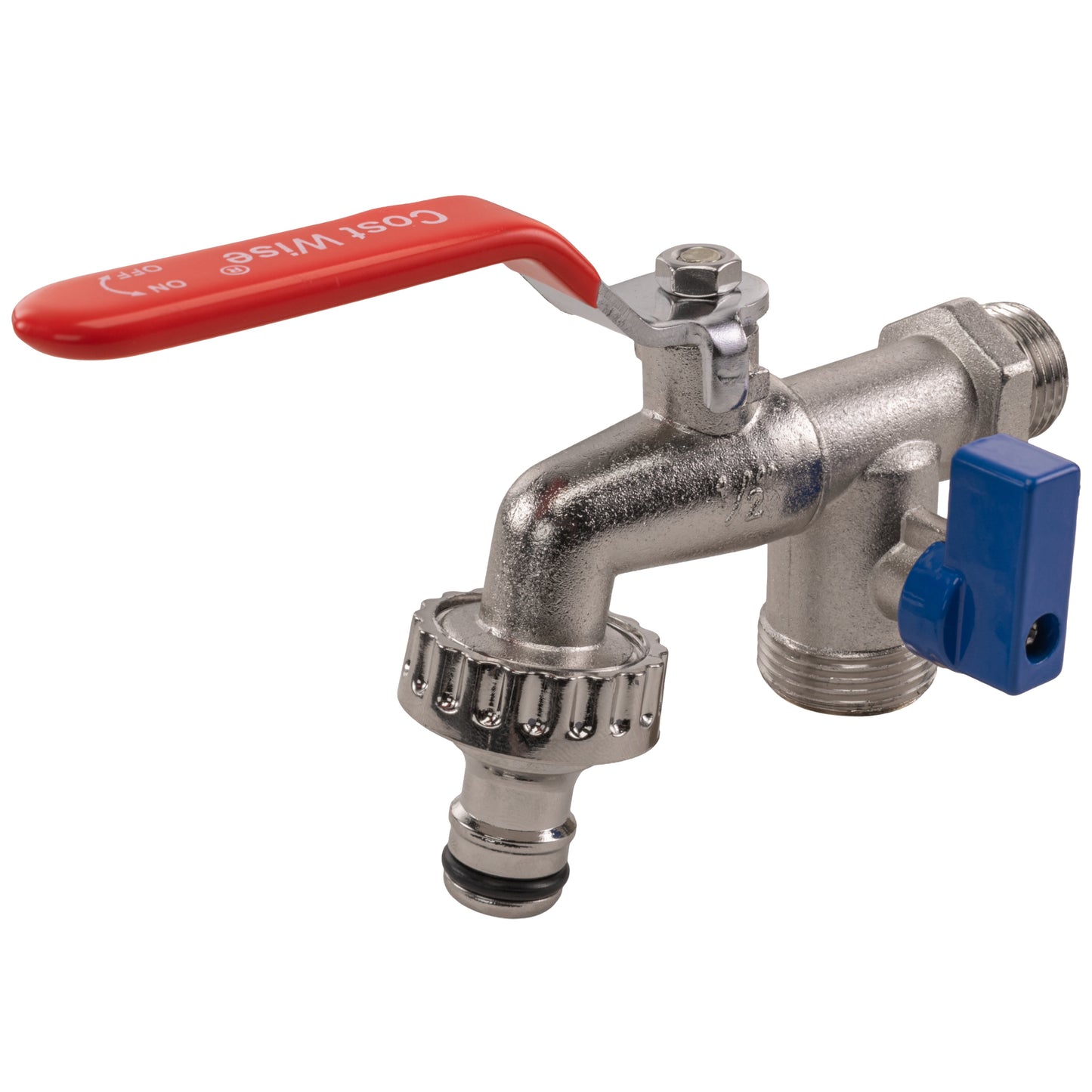 Tap quick-connect assembly with red handle, silver valve body, blue coupler, threaded ends