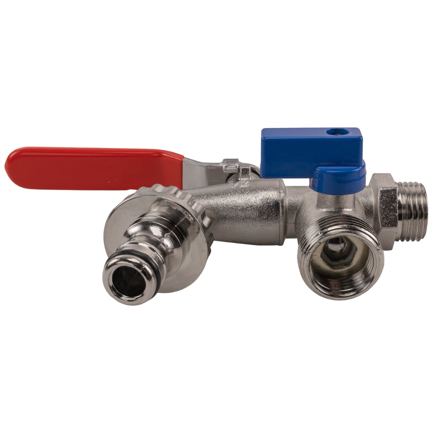 Double garden tap side view, red handle, blue shut-off, 1/2" BSPM inlet