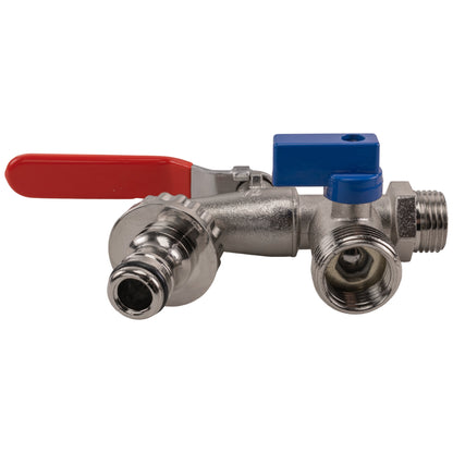 Double garden tap side view, red handle, blue shut-off, 1/2" BSPM inlet