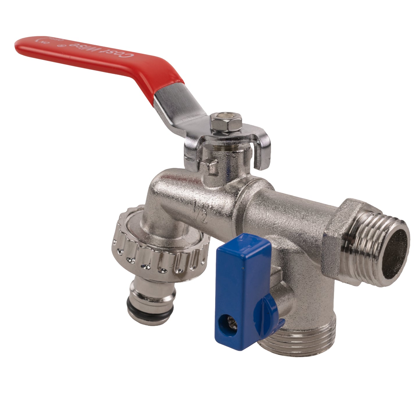 Double garden tap close-up, red lever, blue shut-off, threaded 1/2" BSPM inlet