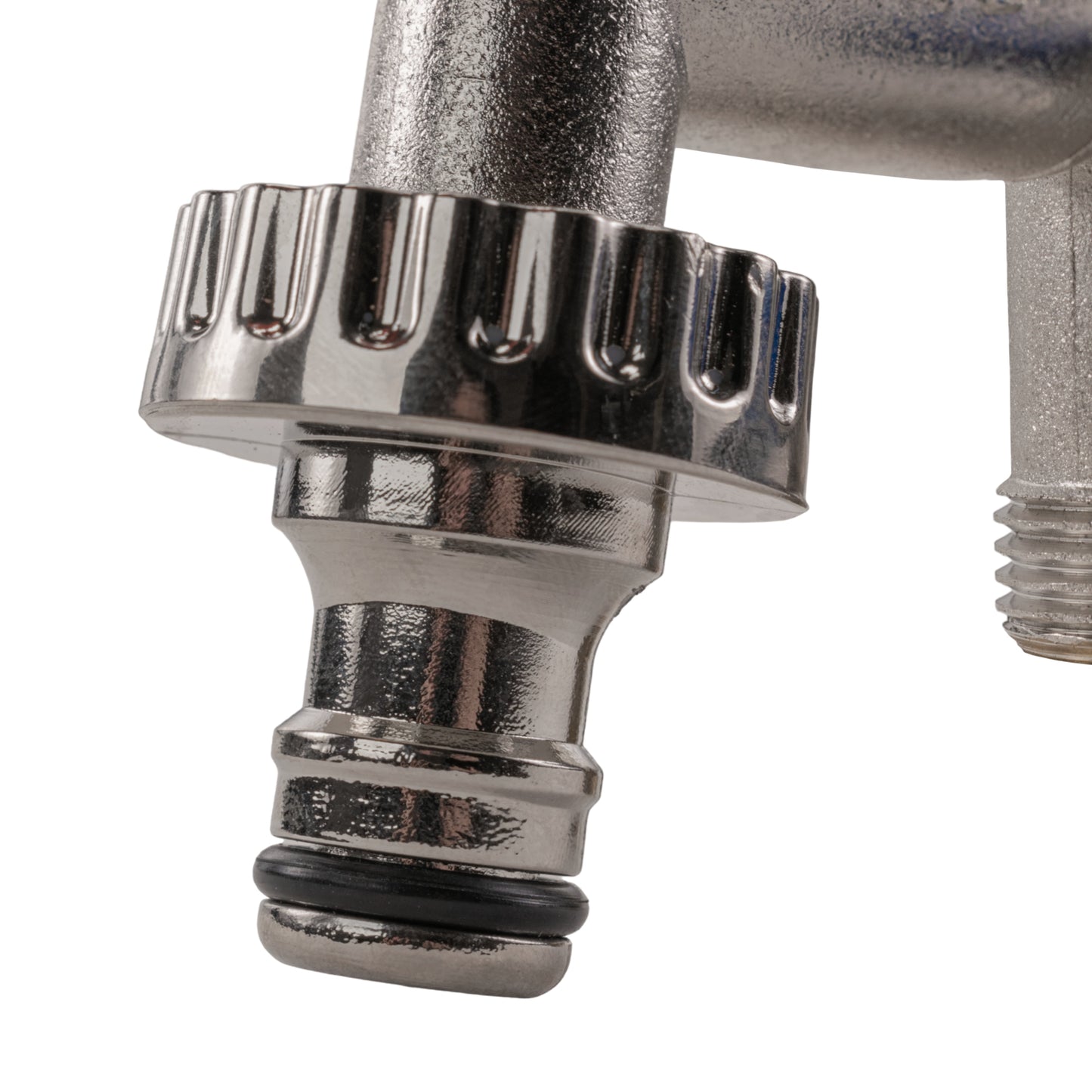 Double garden tap outlet with grooved collar and black gasket, chrome fitting