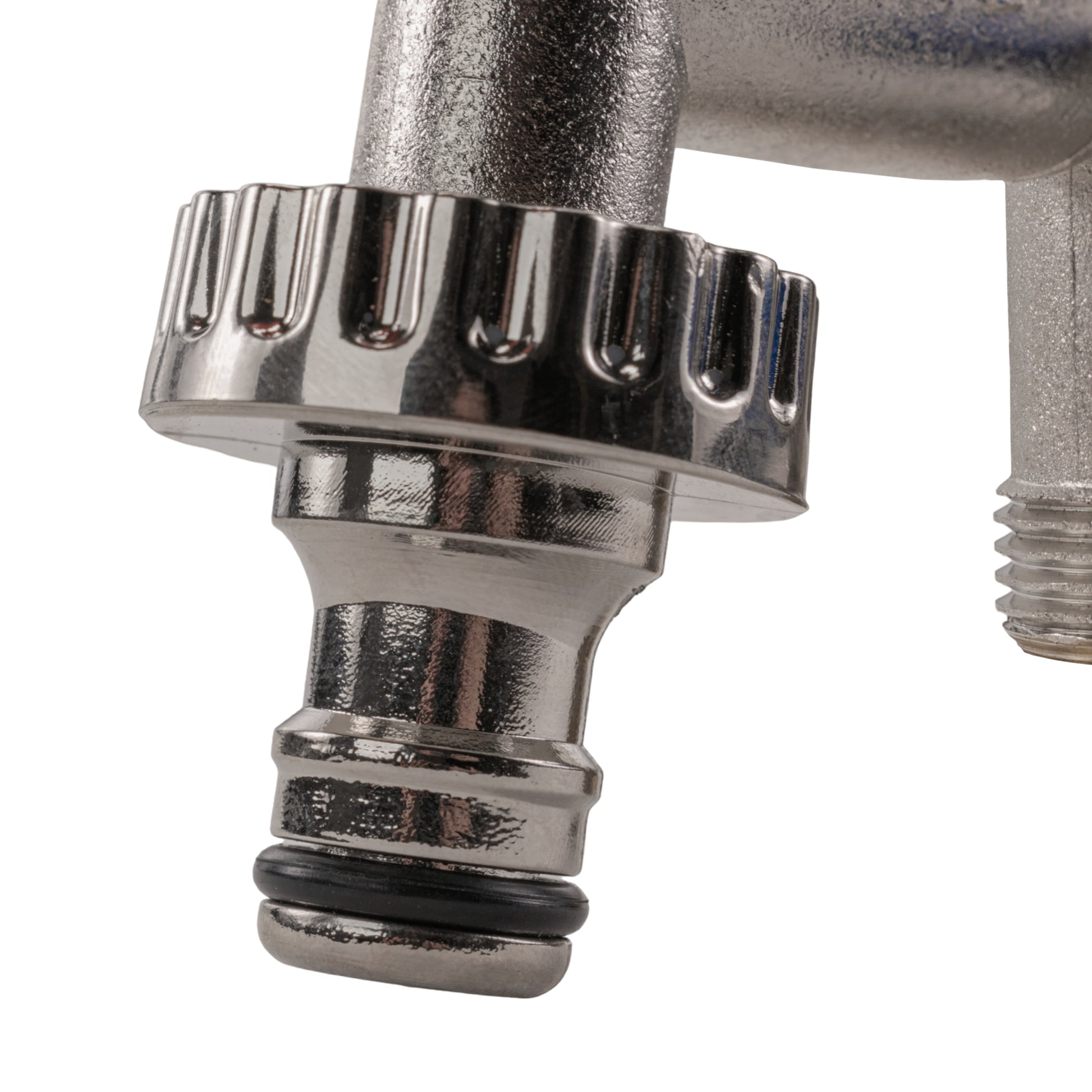 Double garden tap outlet with grooved collar and black gasket, chrome fitting