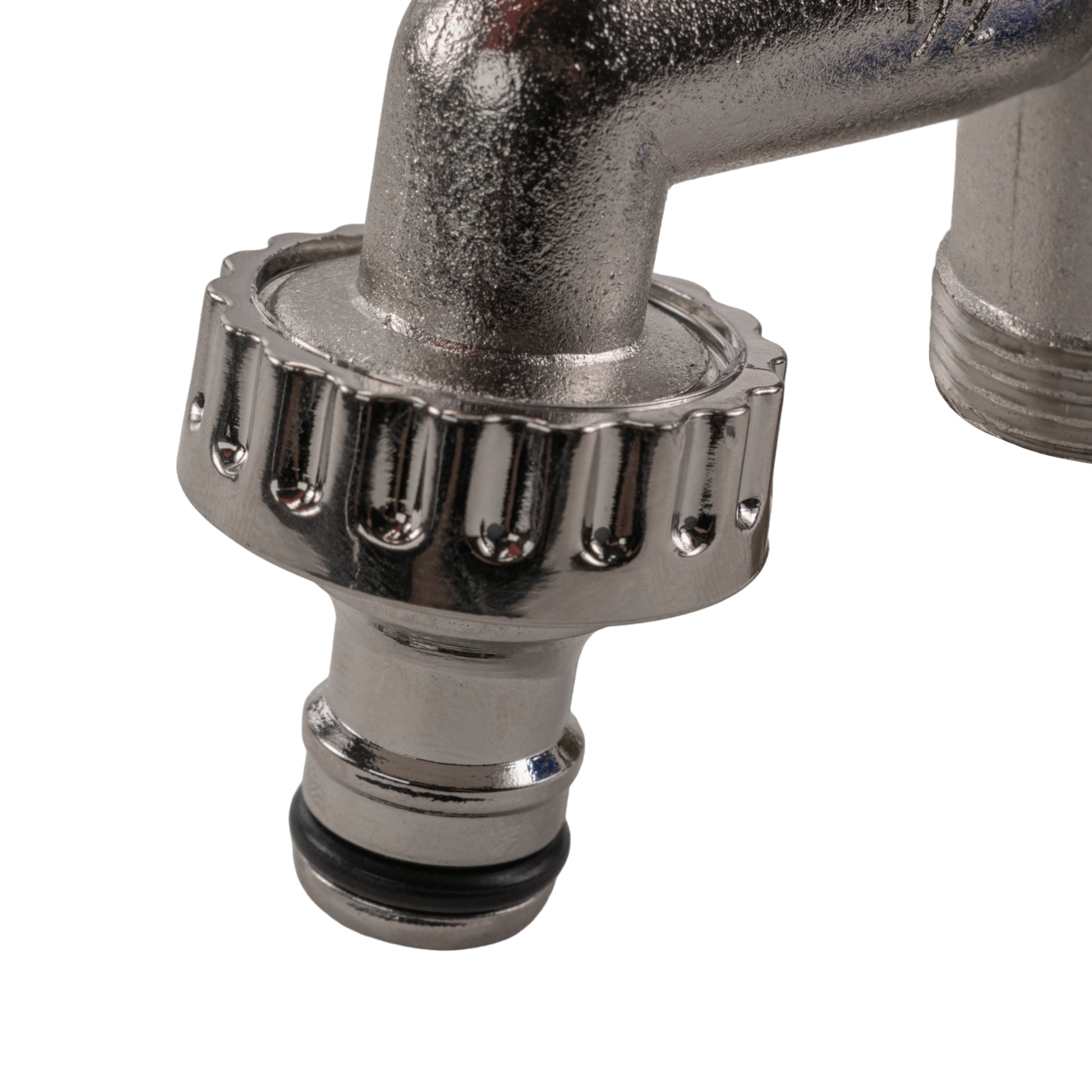 Double garden tap grooved collar and black seal, chrome body close-up