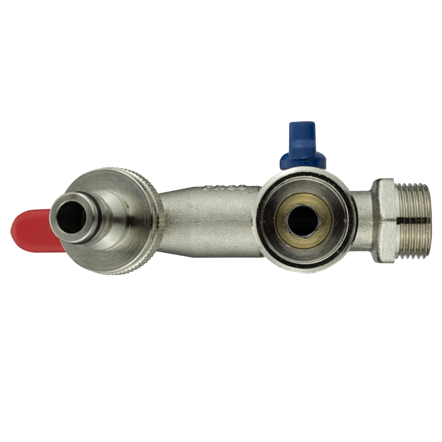 Double garden tap body showing inlet and outlet connections with blue cap