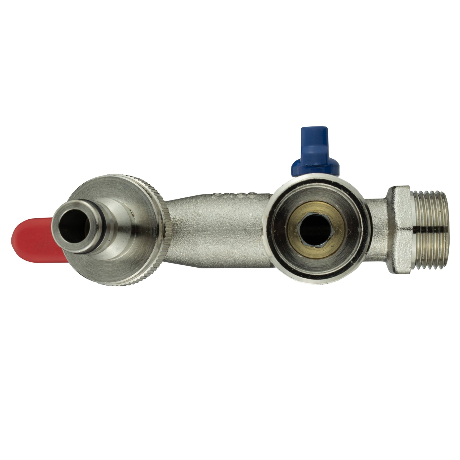 Double garden tap body showing inlet and outlet connections with blue cap