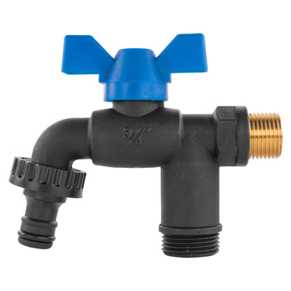 Garden bib double tap valve, blue top, black elbows, brass thread outlet, 1/2" BSPM