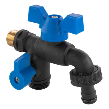 Garden bib double tap fitting, blue handles, black body, 1/2" BSPM
