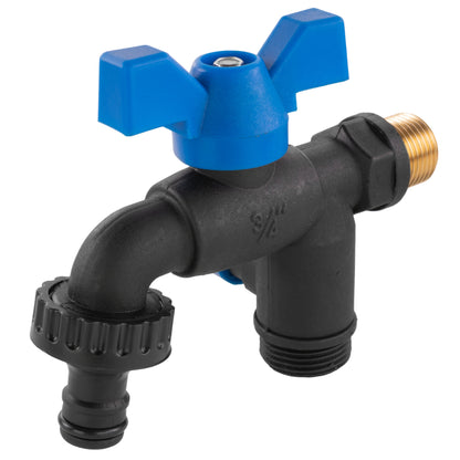Garden bib double tap valve, 1/2" BSPM, blue handles and black body