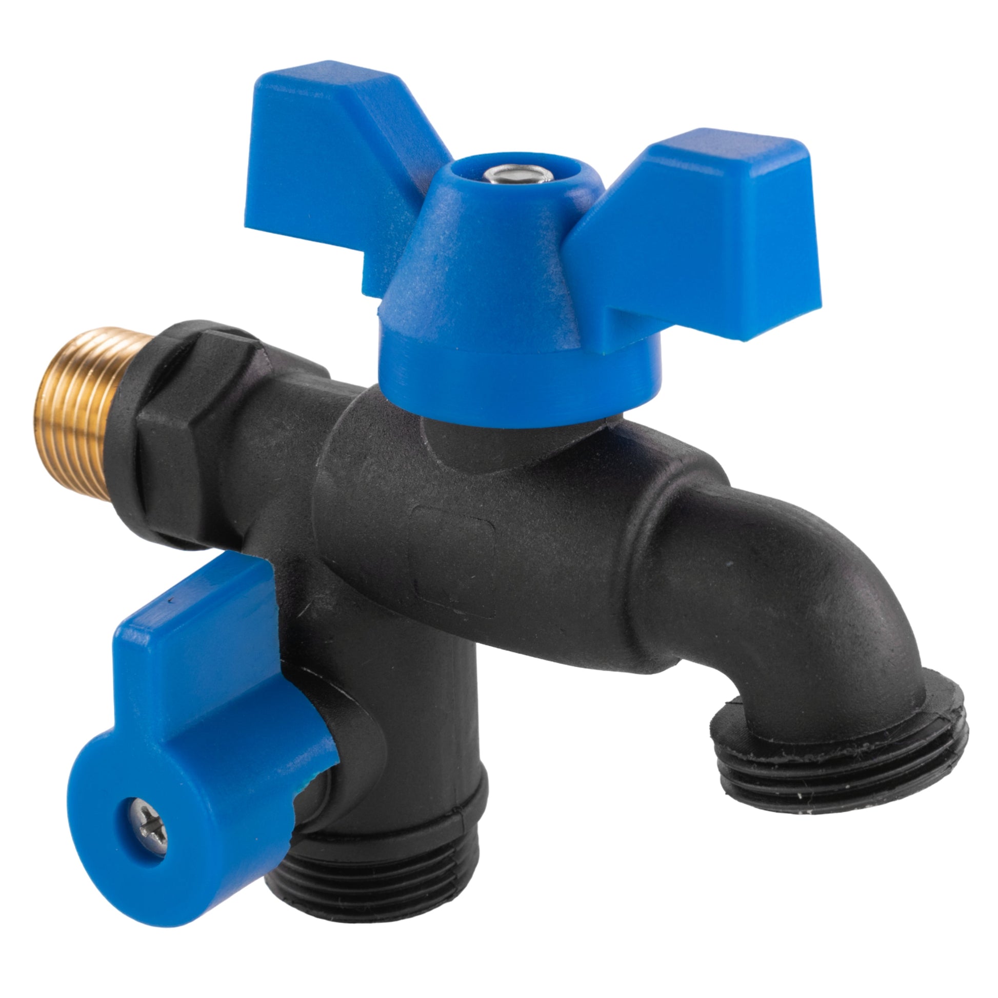 Garden bib double tap valve with blue shutoff lever and black hose connection
